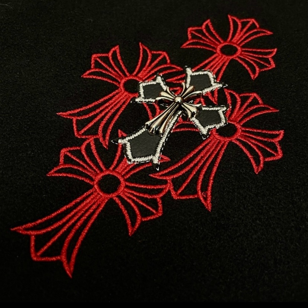 Chrome Hearts Black Leather-Sleeve Varsity Jacket with Red Embroidered Crest - Picture 3 of 7